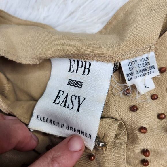 Vintage Tan Button Up Blouse Women's Large 100% Silk EPB Easy - Picture 4 of 7